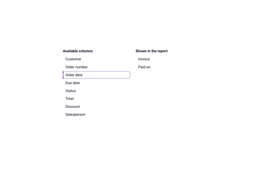 Two lists over two lists of the application's own. Rows are dragged within each and from one to the other.